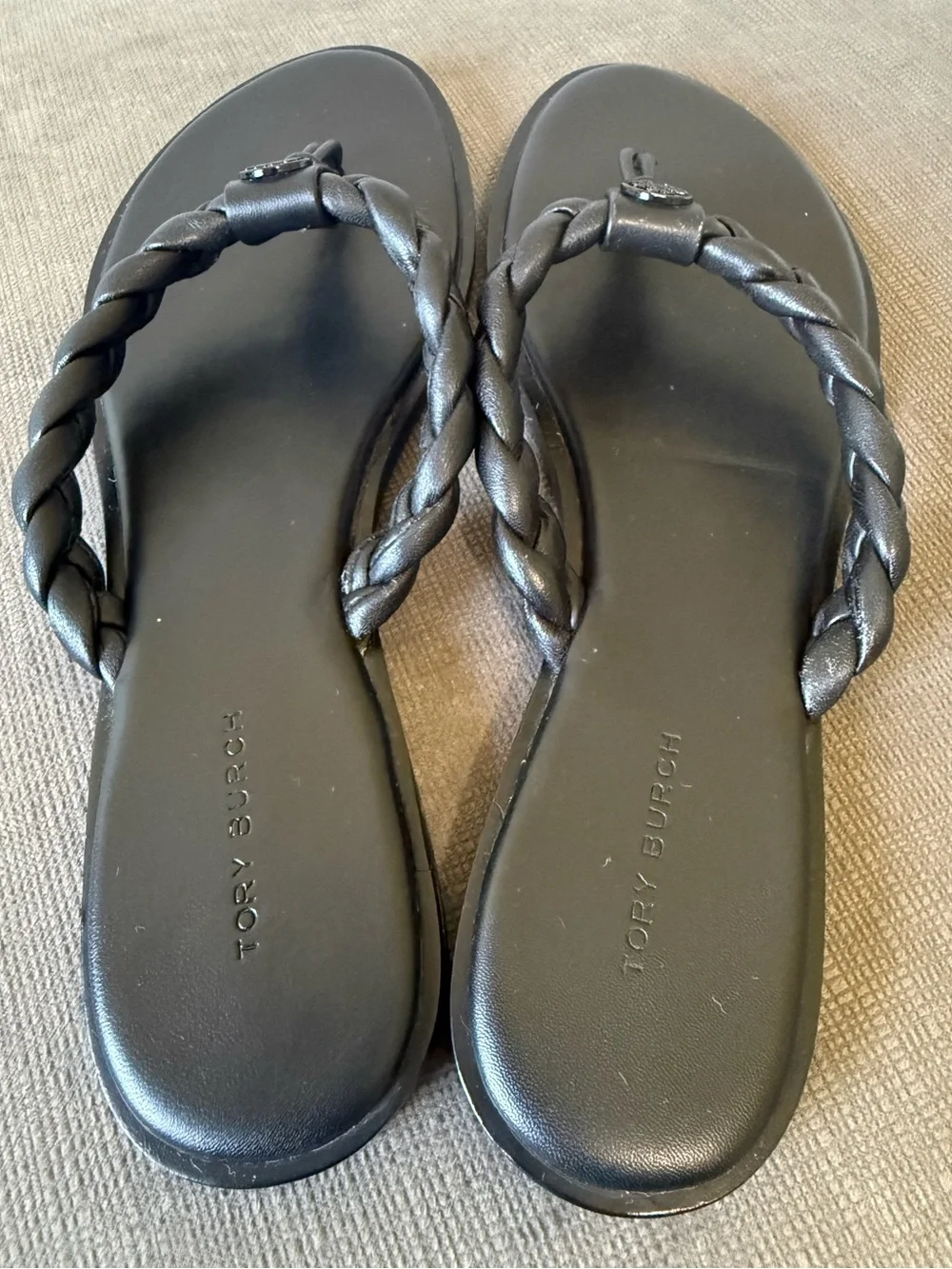 Tory Burch Braided Benton Leather Thong Sandals Black Size 9